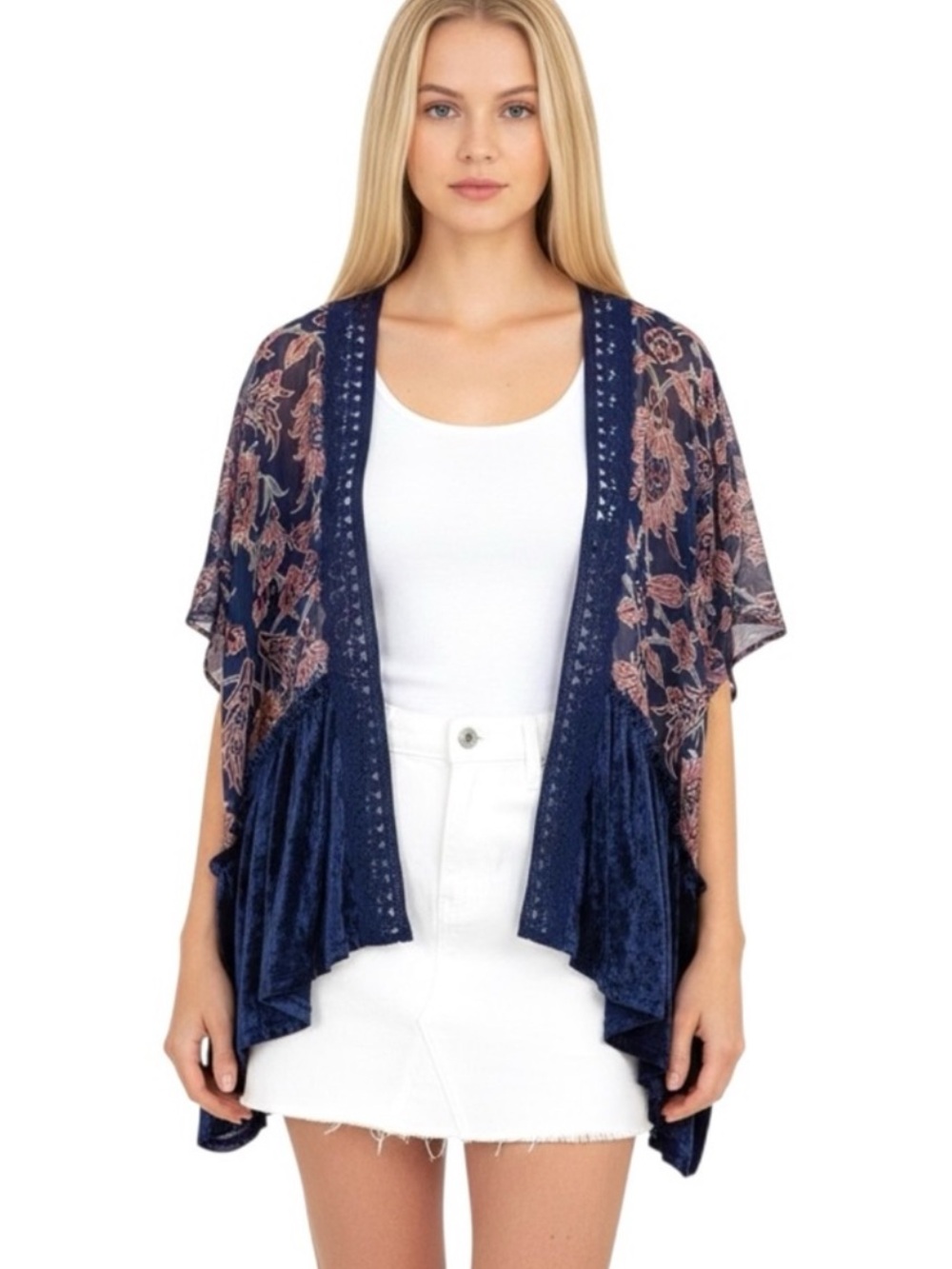 Boho Kimono Top Navy Velvet & Sheer Floral